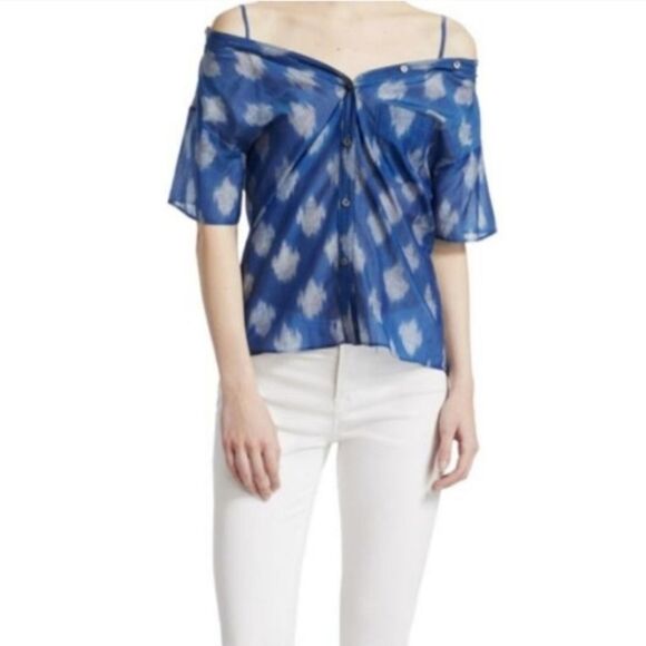 Theory Blue Patterned Off-Shoulder Blouse - Picture 3 of 8
